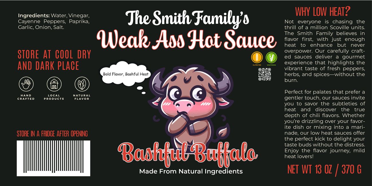 Bashful Buffalo label: a shy little buffalo