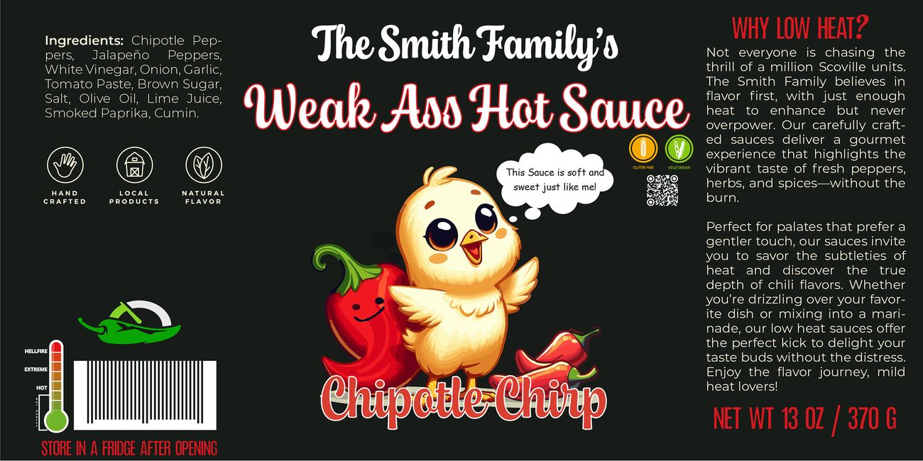 Chipotle Chirp label: a chick hugging a chipotle pepper