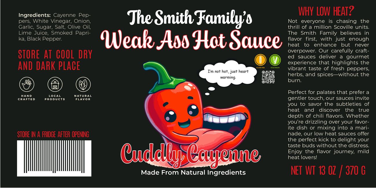 Cuddly Cayenne label: a cayenne pepper hugging a tongue
