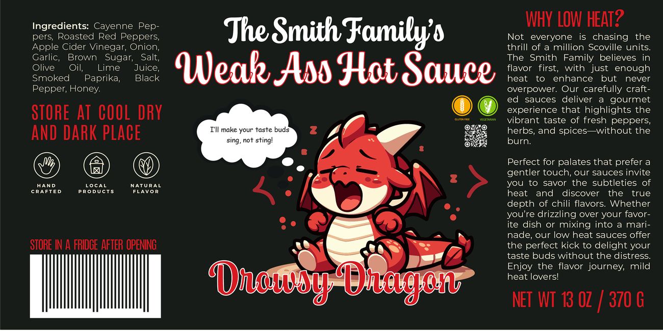 Drowsy Dragon label: a sleepy red dragon