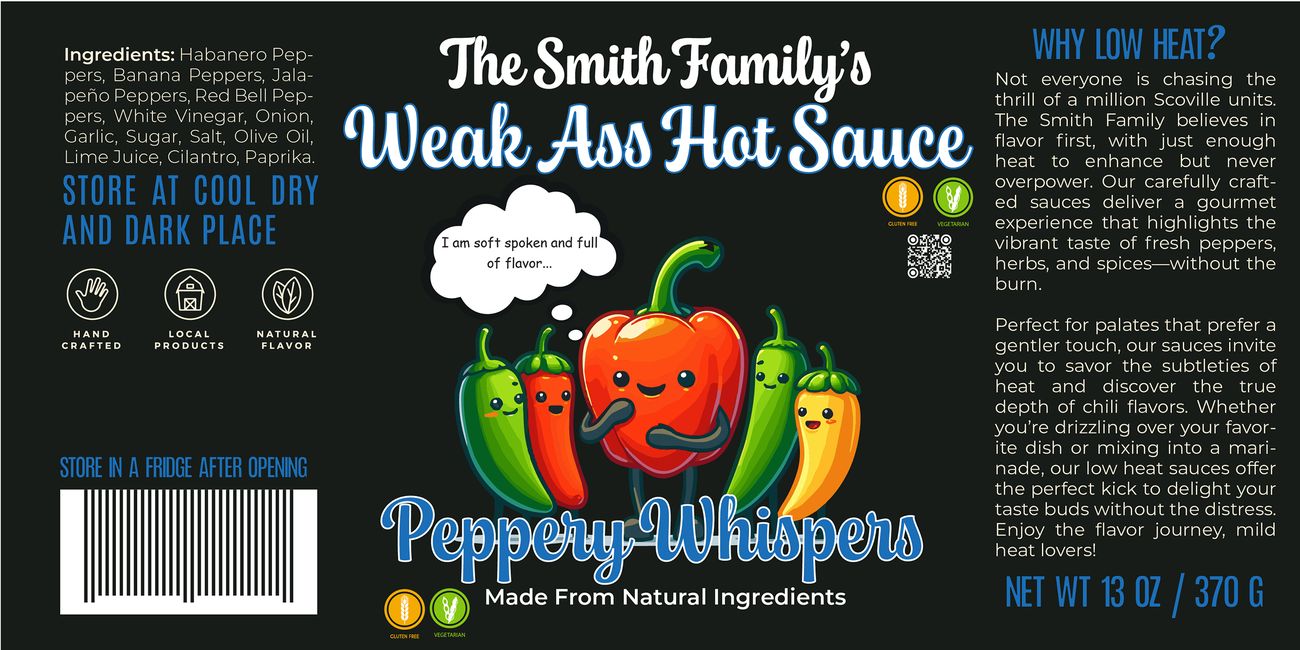 Peppery Whispers label: a bell pepper with its pepper friends