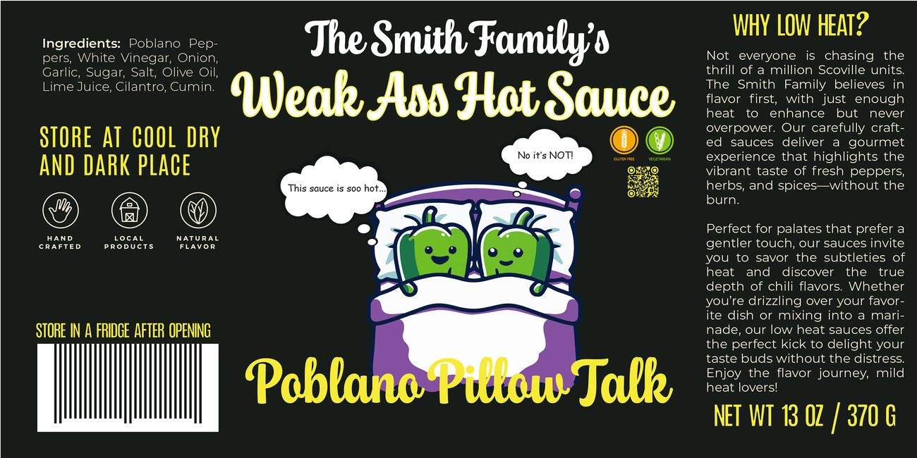 Poblano Pillow Talk label: two poblanos tucked into bed