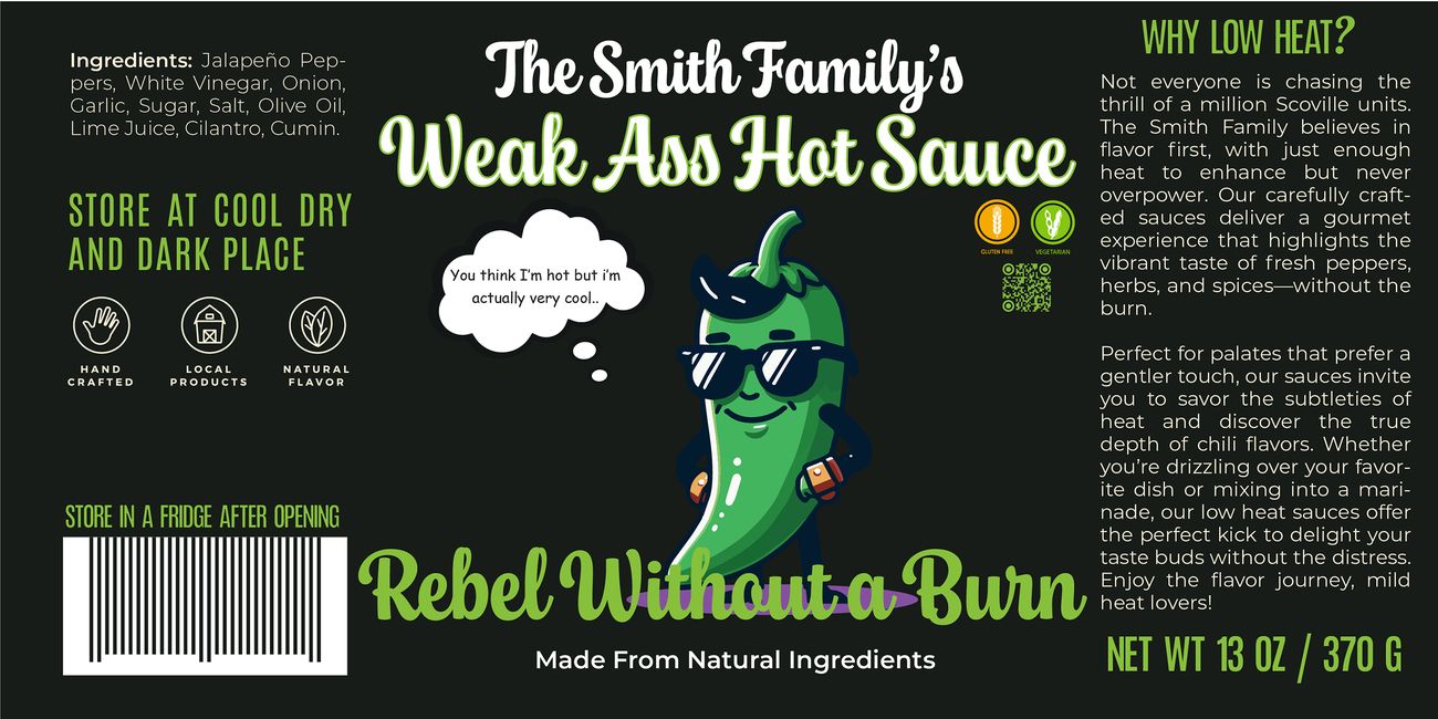 Rebel Without a Burn label: a jalapeno in sunglasses