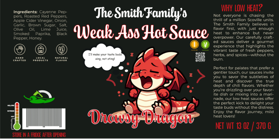 Weak Ass Hot Sauce bottle label featuring Drowsy Dragon, a sleepy red dragon